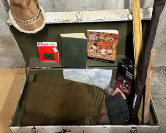 Vintage Wood And Metal Trunk With Military Itemswool Blankets , Canvas Bag,