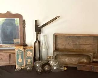 Assorted Lightbulbs, Wooden Boxes, Bottle, And More