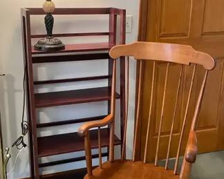 Dark Wood Bookshelf, Table Lamp, Vintage Rocking Chair