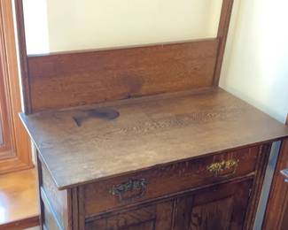 Antique Oak Wash Stand with Drawer and Doors with 2 Shelves. 28.5 L x17 D x53 H