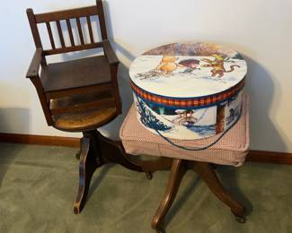 3 Antique Chairs and Winnie the Pooh Hat Box