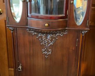 Antique Mahogany Cabinet with Beveled Mirrors Rounded Glass In Door 26 L x 19d x 53.5 H