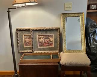 Floor Lamp, Cushioned Seat, Vintage Chest, Art, Mirror