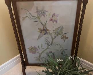 Vintage stitchery fireplace screen
