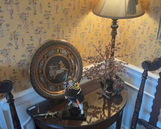 Half moon table, chairs and lamp