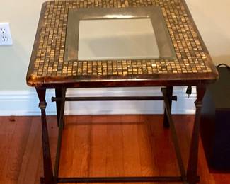 One of pair tile and glass end tables, 24”, 28”, 26” tall, price for pair $125