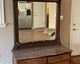 Tall antique low dresser with large mirror, minor losses on mirror, some hardware missing, would be a great entry piece, 54” wide, 24” deep, 92” tall. Mirror detaches to move.. price $350.00