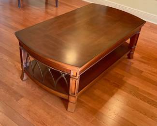 Dark wood coffee table, measures 4’4” long, 2’4”wide, 1’7” tall. Price $125