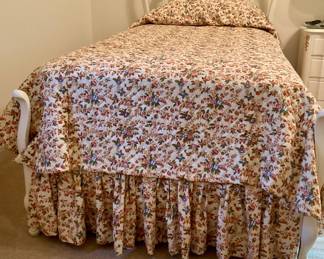 Pair of French provincial style beds, have custom bed covers and ruffles, and 2 sets of curtains