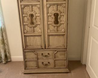 Retro wardrobe cabinet, has missing sliver of wood at bottom of left door, 36”, 69” tall. $125