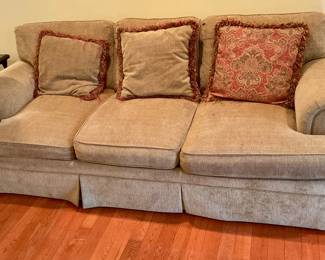 Upholstered tweed sofa, Hickory White, has a few spots and blemishes but in overall good shape, 90” long, 21” deep, 36” tall