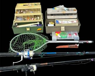 Fishing Mystery Lot Shakespeare Rods, Frabil Net, 2 Tackle Boxes With Tackle