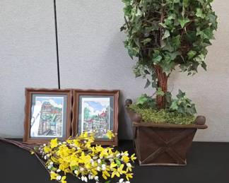 Framed Art, Artificial Ivy Bush And Flowers