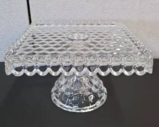 Vintage Fostoria American Square Pedestal Stand With Cubist Pattern