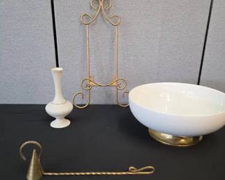 Homer Laughlin Kenilworth White Ceramic Bowl Brass Pedestal Base, Vintage Lenox Bud Vase