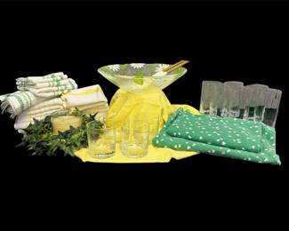 Glass White Daisy Serving Bowl, 3 Tablecloths, Drinking Glasses More