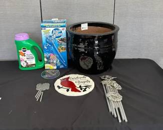 Outdoor Garden Lot Ceramic Planter, Aqua Globes, Wind Chimes, Stepping Stone