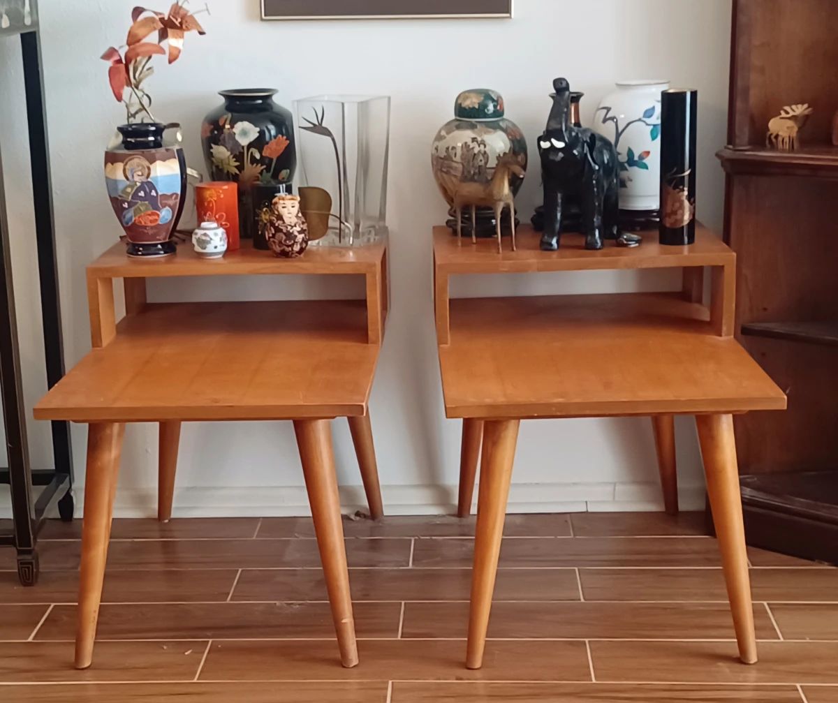 Mid Century Pair Conant Ball Tables. Asian Accents.