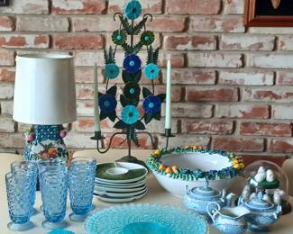 Fenton Opalesque Cake Stand. MCM Candelabras etc