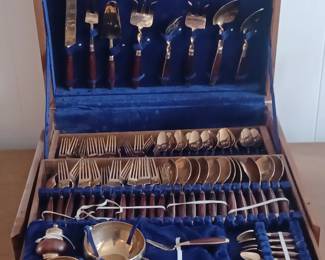 Vintage Thailand Brass & Wood Full Flatware Set