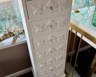 White Tall Storage Chest with glass pulls 11"d x 13.5"w x 40"h