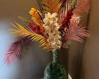 Faux floral tropical palms and orchids in green mosaic vase