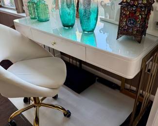 White Lacquered Desk with gold accents 47"w x 2'd x 30.5"h