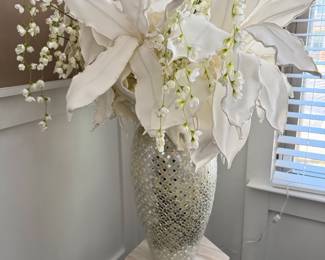 Large White Artificial Floral Arrangement in glass mosaic vase