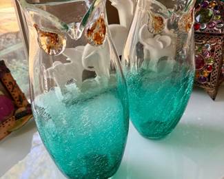 Tide Crest Teal and Amber Glass Owl Vases