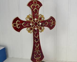 Dark red metallic 12" jeweled cross on stand