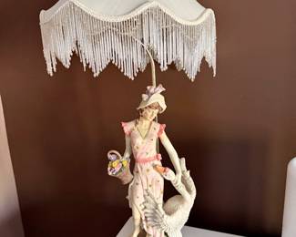 Venetian-style Table Lamp with fringed shade - lady with swan