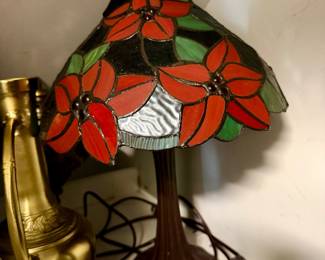 Tiffany-style red poinsettia lamp with bronze base