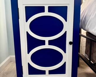 Royal blue and white geometric cabinet/bedside table