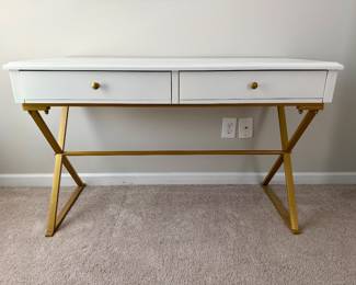 White Campaign Desk with gold accents 4'w x 19"d x 29.5" h