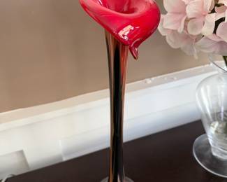 Tall Venetian Murano Glass art vase with red & black calla lily design (pair)