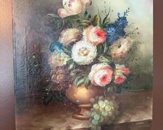 Vintage Dutch-style floral still-life oil painting on board