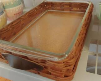 Pyrex clear casserole with wicker serving tray