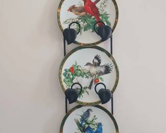 Three Songbird plates limited edition Cardinals Mockingbird bluebirds and a three plate holder