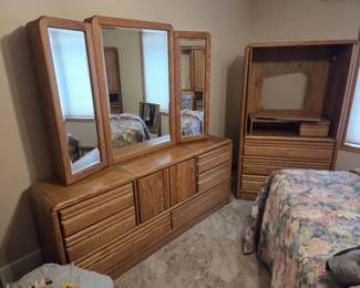 Oak King Headboard with matching long dresser with mirror, wardrobe entertainment center