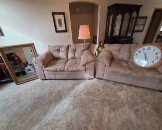 Two Couches, Glass Table Lamp Combo, Mirror, And Clock