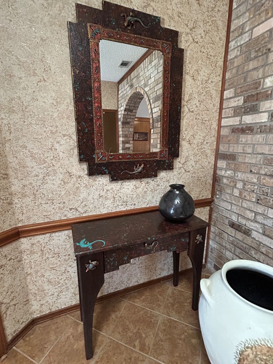 Custom Southwest entry table and mirror, Mexican pottery, Arizona pottery