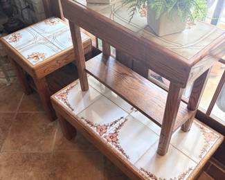 Oak and tile occasional tables