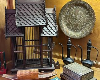 Asian birdhouse, brass enamel trinket box, musical cigarette case, middle eastern brass platter, Indian teapots