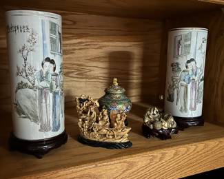 Asian paired vase set with wooden bases, bone carved boating scene, ivory carved 