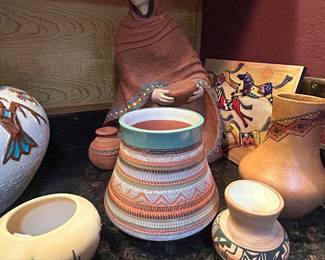 Navajo pottery signed LW, Betty Selby, Rainbow Way, Lorraine Williams, other desert themed design pieces 