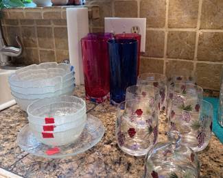 Romanian Wine glasses and butter dish, glass bowls, dansk vintage flatware