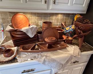 Mid century wooden dishes, salad set, plates and tidbits tray