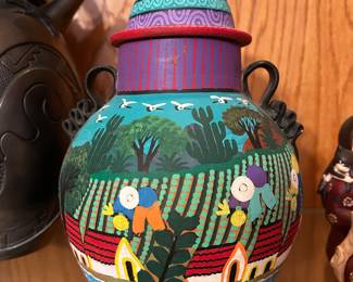 Colorful Mexican folk art lidded jar