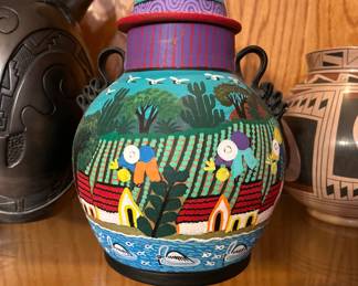 Colorful Mexican folk art lidded urn, Terra cotta