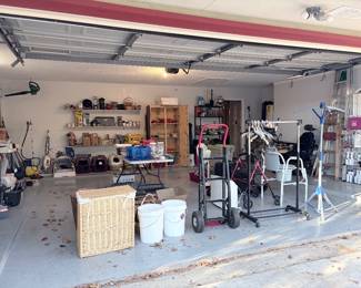 motorized wheelchair, total gym, shark steamer, litter boxes and cat supplies, gourds, tools, exercise equipment, christmas lights, dollie’s, clothes steamer, walkers, storage cabinets